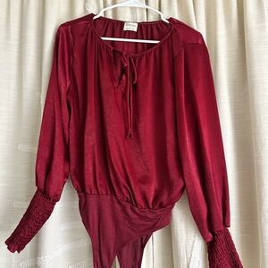 Peach Love California Wine Red Satin Tie-Neck Bodysuit